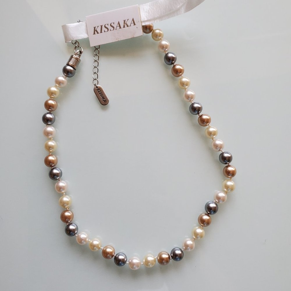 KISSAKA Shimmering Tri Color Simulated Pearl Strand Necklace  NEW